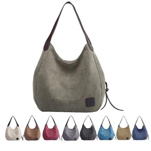 Damen Washed Canvas Schultertasche - Mittelgroße Tote Handtasche mit PU Leder Gurt Reißverschluss & Gesäßtasche Leichte Casual Tasche in 9 Farben, grün, 11.8 Inches von Generisch