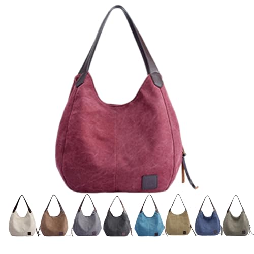 Damen Washed Canvas Schultertasche - Mittelgroße Tote Handtasche mit PU Leder Gurt Reißverschluss & Gesäßtasche Leichte Casual Tasche in 9 Farben, rose, 11.8 Inches von Generisch
