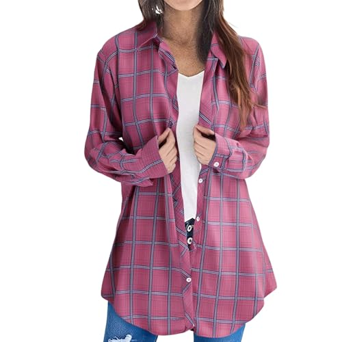Damen Weiches Gestrick Karierte Bluse Langarm 3/4 Roll Up Ärmel Hemdbluse Button-down Leinenhemd Oberteile Karierte Blusen Top Bluse Damen,Größen Leinen Kleidung Musselin Hemd von Generisch