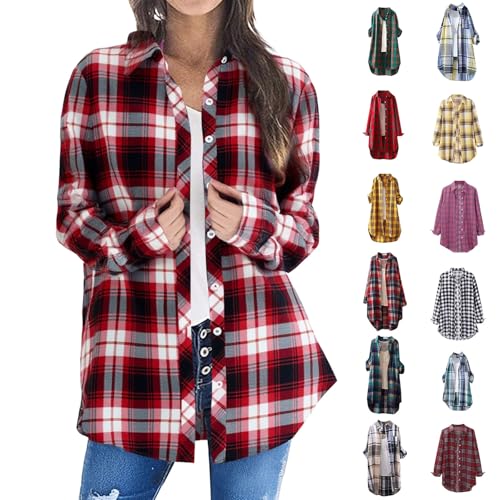 Damen Weiches Gestrick Karierte Bluse Langarm 3/4 Roll Up Ärmel Hemdbluse Button-down Leinenhemd Oberteile Karierte Blusen Top Bluse Damen,Größen Leinen Kleidung Musselin Hemd von Generisch