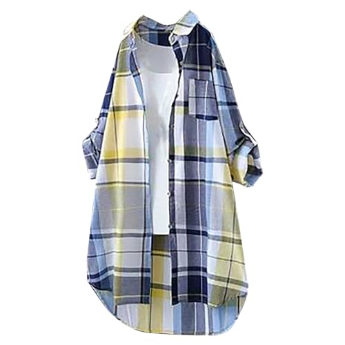 Damen Weiches Gestrick Karierte Bluse Langarm 3/4 Roll Up Ärmel Hemdbluse Button-down Leinenhemd Oberteile Karierte Blusen Top Bluse Damen,Größen Leinen Kleidung Musselin Hemd von Generisch