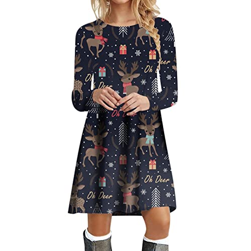 Damen Weihnachtskleid Langarm Pullover Kleid Winter Rundhals Minikleid Rentier Druck Weihnachten Kleider Elegant Weihnachtsfeier Blusenkleid Oberteile von Generisch