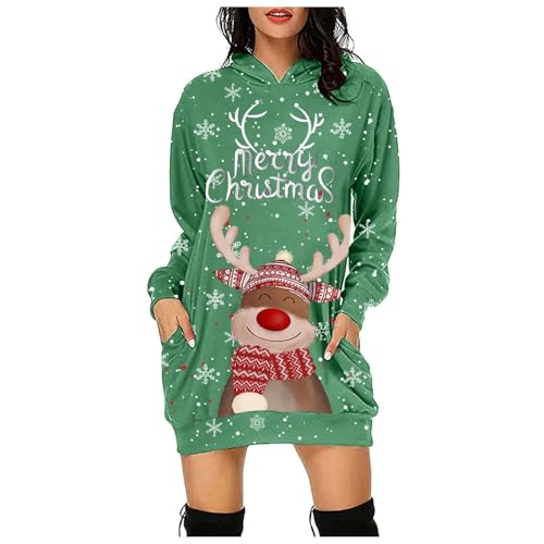 Damen Weihnachtspullover Kleid Sweatshirt Hoodie Langarm Pulloverkleid Plüsch Langarm Freizeitkleid Kapuzenpullover Kleid Casual Minikleid Druck Pulli Kleid Casual Lang Winterkleid (Green, M) von Generisch
