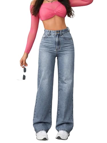 Damen Weite Bein Hohe Taille Gerade Jeans Vintage Baggy Denim Hose mit 4 Taschen Casual Y2K Schlaghose Street, Nostalgisches Blau, M von Generisch