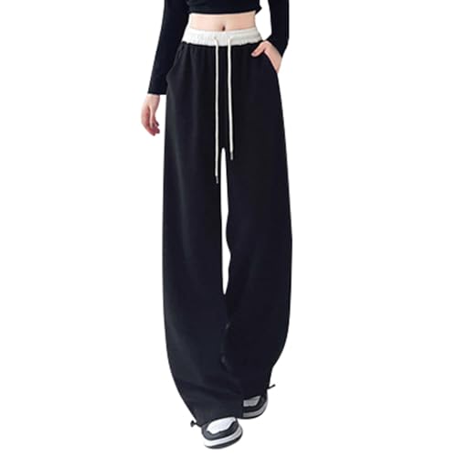 Damen Weite Hose Jogginghose Freizeithose Sporthose Lang Sweathose High Waist Stoffhose Lang Bequem Hose mit Taschen Baggy Yogahose Wide Leg Hose Traininghose Lockere Kurze Hose Damen (Black, S) von Generisch