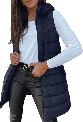 Damen Weste Lang, Steppweste Weste Damen Lang, Teddy Lange Ärmellose Longweste Damenweste Grosse Grössen Leicht Elegant Daunenweste Winterjacke Mit Kapuze Mit Taschen Kapuzenweste Herbst Winter von Generisch
