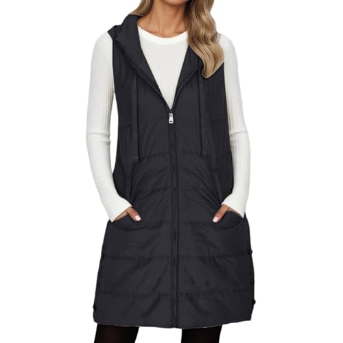 Damen Weste Lang mit Kapuze, Steppweste Gefüttert Fleeceweste Warme Winterjacke Freizeit Ärmellos Jacke Thermo Stehkragen Vest Kapuzenweste Reißverschlüsse Herbst Winter von Generisch