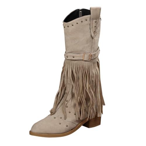 Damen Western Fringe Mid Calf Boot Beige Wildleder Nieten Design mit Schnalle Große Größe Quaste Chunky Heel Mode Motorrad Cowboy-Gürtel Mid Calf Boots Knöchel, beige, 38 EU von Generisch
