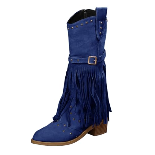 Damen Western Fringe Mid Calf Boot Beige Wildleder Nieten Design mit Schnalle Große Größe Quaste Chunky Heel Mode Motorrad Cowboy-Gürtel Mid Calf Boots Knöchel, blau, 40.5 EU von Generisch