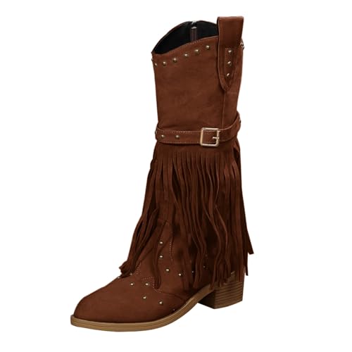 Damen Western Fringe Mid Calf Boot Beige Wildleder Nieten Design mit Schnalle Große Größe Quaste Chunky Heel Mode Motorrad Cowboy-Gürtel Mid Calf Boots Knöchel, braun, 37.5 EU von Generisch
