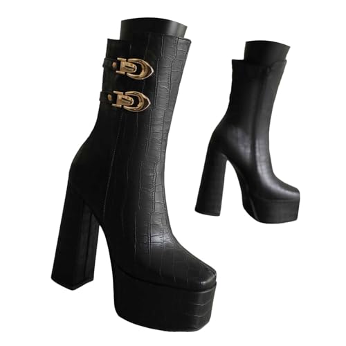 Damen Western Stiefeletten Mit Gestapeltem Absatz Damen Plateau Stiefeletten mit Blockabsatz, seitlichem Reißverschluss, quadratischer Zehenbereich, hoher Absatz, Freizeitstiefel (37) von Generisch