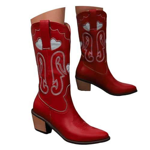 Damen Western Stiefeletten Mit Gestapeltem Absatz Damen Westernstiefel mit mittelhoher Wadenhöhe, bestickt, spitzer Zehenbereich, klobiger Blockabsatz (Red, 37) von Generisch