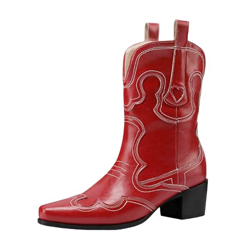 Damen Western Stiefeletten Mit Gestapeltem Absatz Stiefelette mit Hohem Absatz Seitlichem Reißverschluss Damen Ankle Boot Cowboystiefel für Knöchel Western Fransenstiefeletten niedrigem (Red, 37) von Generisch