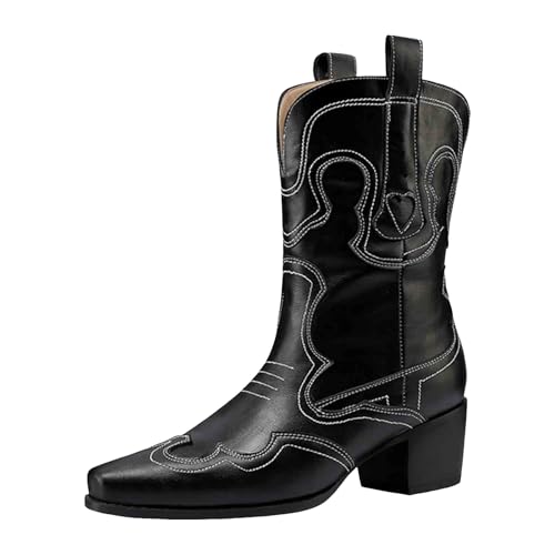 Damen Western Stiefeletten Mit Gestapeltem Absatz Stiefelette mit Hohem Absatz und Seitlichem Reißverschluss Damen Ankle Boot Cowboystiefel für Knöchel Western Fransenstiefeletten niedrigem (36) von Generisch