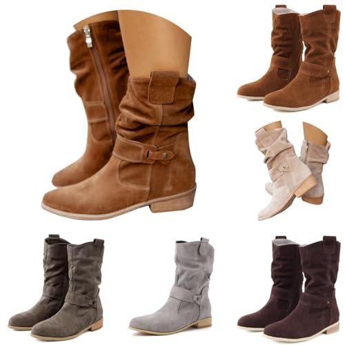 Damen Western Stiefeletten Wildleder Beige - Niederung Trachten Zipper Halbstiefel Stiefel Klassisch Bequemer Spitz Elegant Ankle Boots Übergangsstiefel Herbst Winter Winterstiefel Größen 35–45 von Generisch