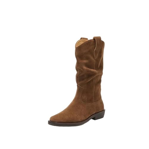 Damen Westernstiefel mit mittlerer Wadenhöhe aus Wildleder mit runder Zehenpartie und plissierten Akzenten in einem Slip-On-Design, perfekt für einen lässigen Stil, braun, 38 EU von Generisch