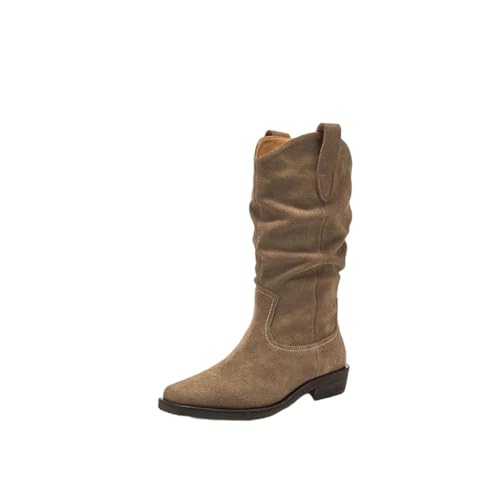 Damen Westernstiefel mit mittlerer Wadenhöhe aus Wildleder mit runder Zehenpartie und plissierten Akzenten in einem Slip-On-Design, perfekt für einen lässigen Stil, khaki, 40.5 EU von Generisch