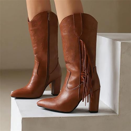 Damen Westernstiefel mit spitzem Zehenbereich, dicker Absatz mit gestickten Quasten-Details und seitlichem Reißverschluss für den täglichen Stil, Schwarz , 39.5 EU von Generisch