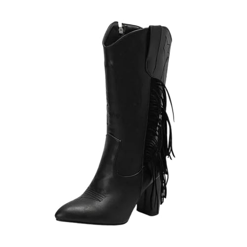 Damen Westernstiefel mit spitzem Zehenbereich, dicker Absatz mit gestickten Quasten-Details und seitlichem Reißverschluss für den täglichen Stil, Schwarz , 42.5 EU von Generisch