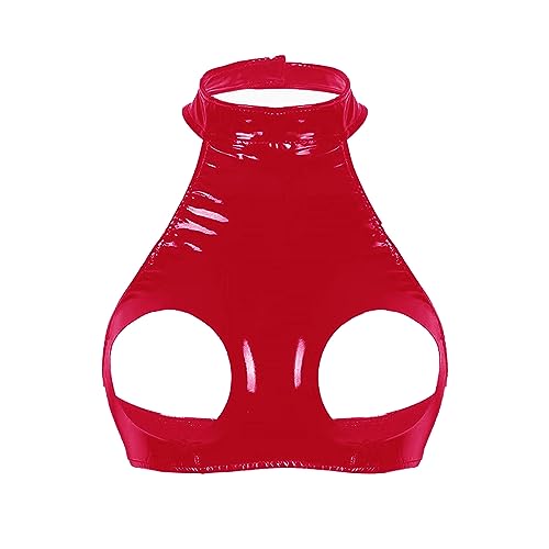 Damen Wetlook Leder Ouvert Dessous Set Neckholder Hebe BH Offene Nippel Brüste Sexy Crotchless G-String Offener Schritt Slip Reizwäsche Erotisch von Generisch