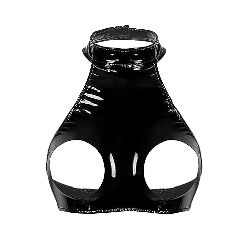 Damen Wetlook Leder Ouvert Dessous Set Neckholder Hebe BH Offene Nippel Brüste Sexy Crotchless G-String Offener Schritt Slip Reizwäsche Erotisch von Generisch