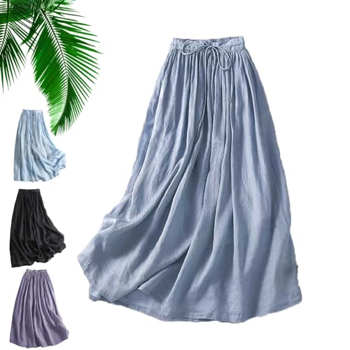 Damen-Wickelrock aus Leinen in A-Linie mit Tasche, lässiger, Langer, fließender A-Linien-Strandrock in Übergröße (Blau,L) von Generisch