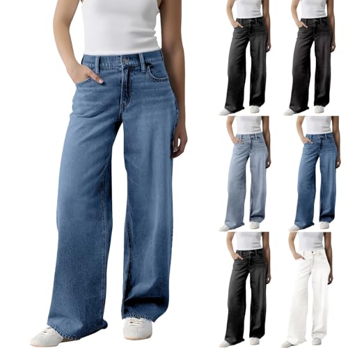 Damen Wide Leg Jeans Baggy Lang Weites Bein Jeanshosen Low Waist Leichter Oversize Boyfriend Denimhose mit Knopfleiste Taschen Loose Warm Freizeithose Passform für Wandern von Generisch