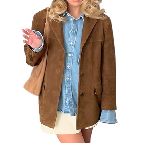 Damen Wildleder Jacke - Vintage Braun Wildleder Winterjacke Old Money Aesthetic Kunstleder Wildleder Mantel Frauen Y2k Oberbekleidung, dunkelbraun, L von Generisch