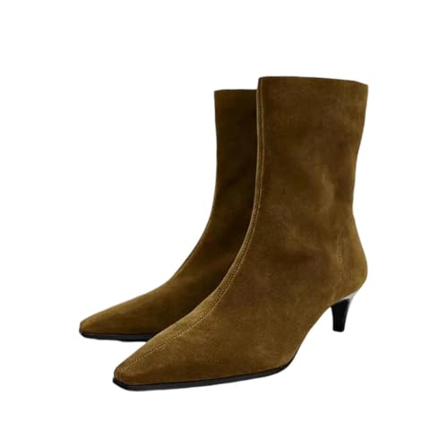 Damen Wildleder Stiefeletten Slip-On Karierte Zehen High Heel Herbst Winter Freizeitschuhe, braun, 41.5 EU von Generisch