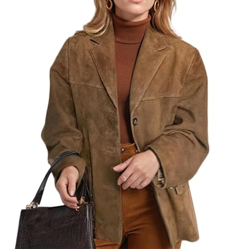 Damen Wildlederjacke Ästhetischer Kunstledermantel Frauen Retro Braun Wildlederimitat Jacke Leder Vintage Oversized Mantel, braun, L von Generisch