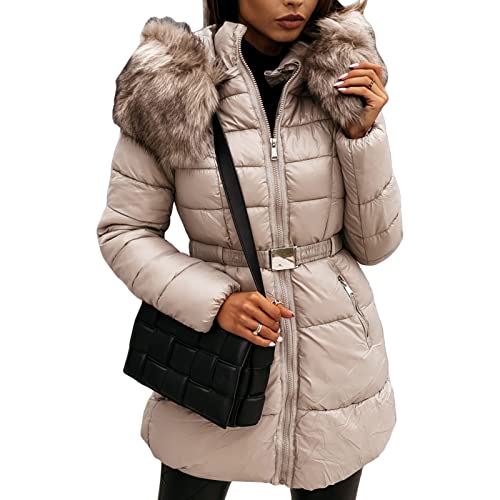 Damen Winter Daunenmantel Warmer Parka Steppjacke Leicht Gesteppt GefüTterter Bubble-Mantel Mit Langer Kapuze GefüTtert Mit Kapuzenpelz (L,Khaki) von Generisch