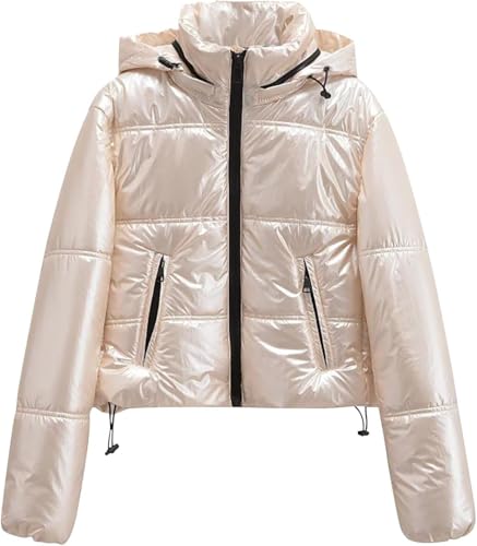 Damen Winter Glänzend Warm Kapuzen Parka Mode Metallic Stoff Wind und Schnee Daunenjacke mit Kapuze Warm Daunenjacke Kurz Gesteppte Jacke (Aprikose,L) von Generisch