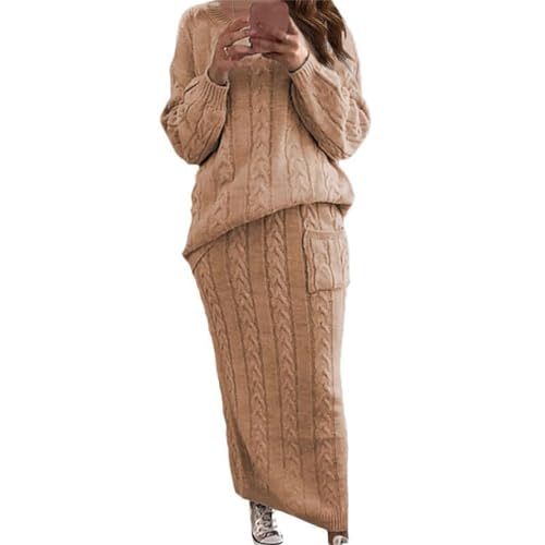 Damen Winter Grob Zopfmuster Langer Bleistiftrock 2-teilig Langarm Pullover Sweater und Bodycon Maxi Röcke Set, khaki, L von Generisch