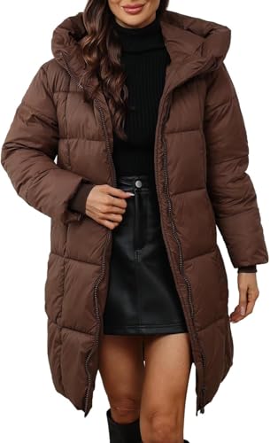 Damen Winter Langer Steppmantel Warme Outdoor Kapuzenjacke Damen Lässiger Outdoor Schnee Winddichter Mantel Leichte Modische Baumwolljacke (Kaffee,M) von Generisch