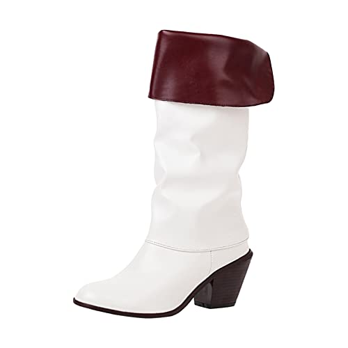Damen Winter Mid-Calf Boots Elegante Plissee Lederstiefel für Western Cowboy-Stil mit modischem hohen Absatz für trendbewusste Frauen (White, 39) von Generisch