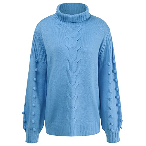 Damen Winter Pullover Langarm Rollkragen Cosy Strickpullover LäSsig Lose Einfarbig Pullover Tops (L,Blau) von Generisch