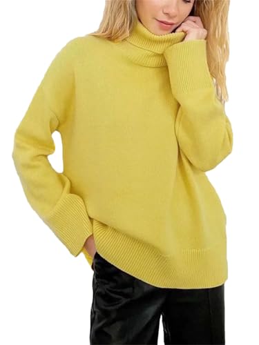 Damen Winter Strickpullover Sweaters Oversized Pullover Loose Solid Sweater, gelb, S von Generisch