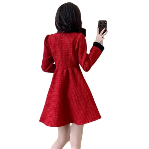 Damen Winter klein duftender Wind Langarm Rüschen Patchwork Wolle für A-Linie Tweed Kleider, Bildfarbe, M von Generisch