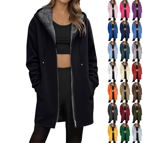 Damen Winterjacke, Jackett Damen, Winterjacke Lang Fleecejacke Winter Jacke Mit Teddyfutter Warm Fleece Gefüttert Sweatjacke Mit Kapuze Mantel Hoodie Kapuzenjacke Wintermantel von Generisch