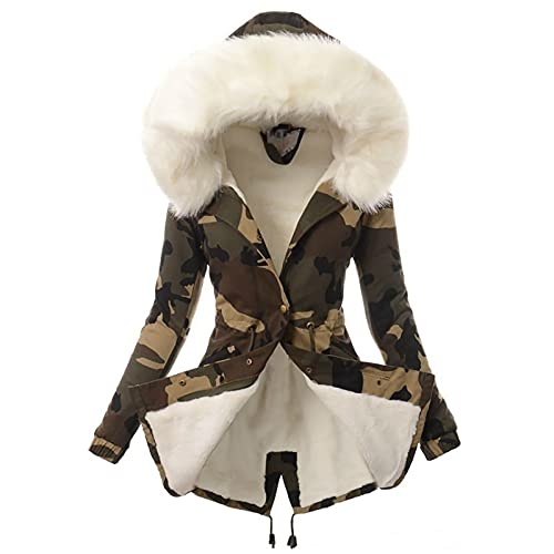 Generisch Damen Winterjacke Lang Camouflage mit Kapuze Winterparka Warm Gefüttert Dicke Jacke Damen Winter Warme Wintermantel Mittellang Camo Outdoor Jacken Für Frauen Parka mit Knöpfen Zipper von Generisch