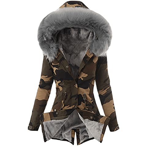 Damen Winterjacke Lang Camouflage mit Kapuze Winterparka Damen Warm Gefüttert Dicke Jacke Damen Winter Warme Wintermantel Mittellang Camo Outdoor Jacken Für Frauen Parka mit Knöpfen Zipper von Generisch