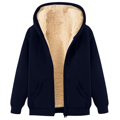 Damen Winterjacke Warm Fleecejacke Winter Sweatjacke mit Kapuze Taschen Einfarbig Übergangsjacke Große Größen Kapuzenpullover Bequeme Kapuzenjacke Wintermantel mit ReißVerschluss Plüschjacke von Generisch