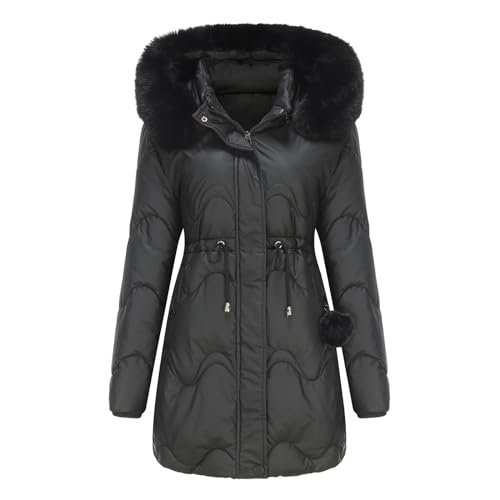 Damen Winterjacke Wintermantel Winterparka Fleecejacke Winter Jacke Parka Daunenmantel Abnehmbarer Fellkapuze Steppmantel Steppjacke Übergangsjacke Dicker Warm Outdoor Jacke Winter(Schwarz,L) von Generisch