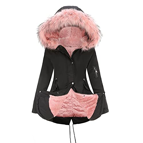 Damen Winterjacke mit Fellkapuze Lang Winterparka Damen Warm Gefüttert Wintermantel Mittellang Dicke Parka Jacke Damen Winter Innenfutter mit Gürtel Outdoor Jacken Frauen mit Knöpfen Zipper von Generisch