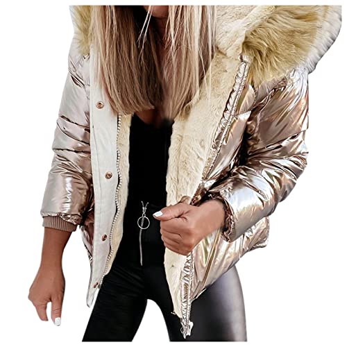 Damen Wintermantel Einfarbige Mäntel für Damen, Jacke, Reißverschluss, helles Gesicht, großer Wollkragen, verdickter, warmer Mantel aus mit Kapuze Winterjacke Damen Warm Gefüttert (Gold, M) von Generisch