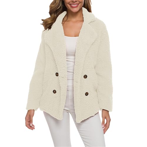 Damen-Wintermantel aus Kunstfell, Fleece-Jacke, Knopfleiste, Winter, lässig, Reverskragen, Kunstfell, Oberbekleidung, cremeweiß, L von Generisch
