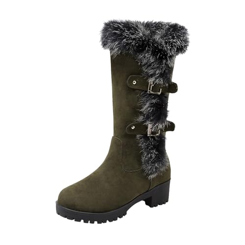 Damen Wintermode Stiefel warme Pelzstiefel stilvolle Gürtelschnalle Bequeme Dicke Sohlen modische mittlere Wadenstiefel für Frauen (Green, 39) von Generisch