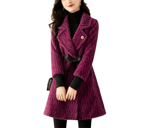 Damen Wollmantel Winter mittellang M-4XL Anzugkragen Taille Dicker Wollmantel Fuchsia L, fuchsia, L von Generisch