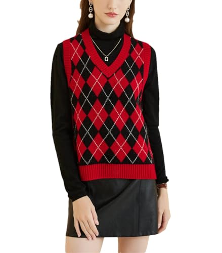 Damen Wollpullover Weste Plaid V-Ausschnitt Winter Basic Ärmellos Strickpullover Weste, schwarz / rot, XL von Generisch