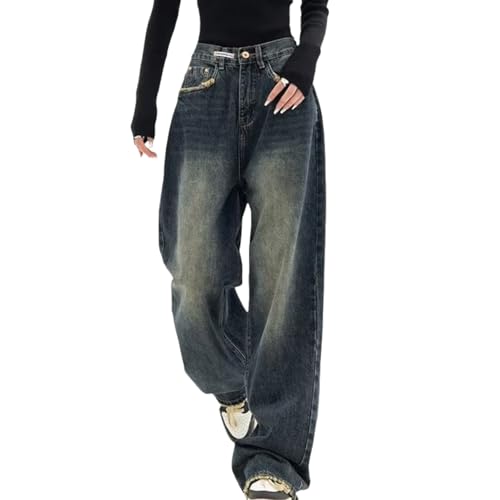 Damen Y2K Freund Stil hoch taillierte lose Hip Hop gerades Bein weites Bein Jeans gewaschen Prozess Retro große Größe Straße lässig Flare Hose (01,5XL) von Generisch